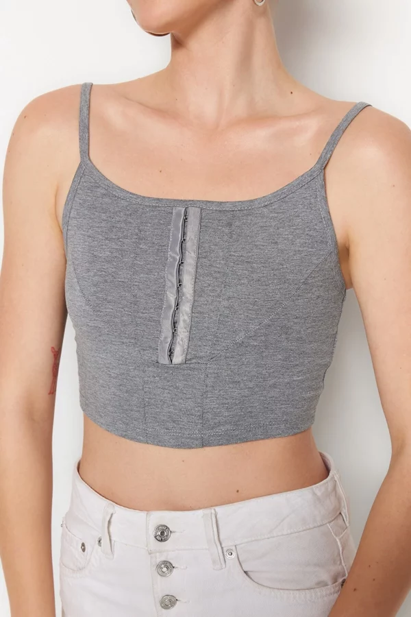 Ethio Shop Gray Strappy Crop Detailed Crop Cotton Stretchy Knitted Bustier