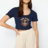 Ethio Shop Navy Blue Embroidered Square Neck Fitted Flexible Crop Knitted Blouse