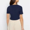 Ethio Shop Navy Blue Embroidered Square Neck Fitted Flexible Crop Knitted Blouse.