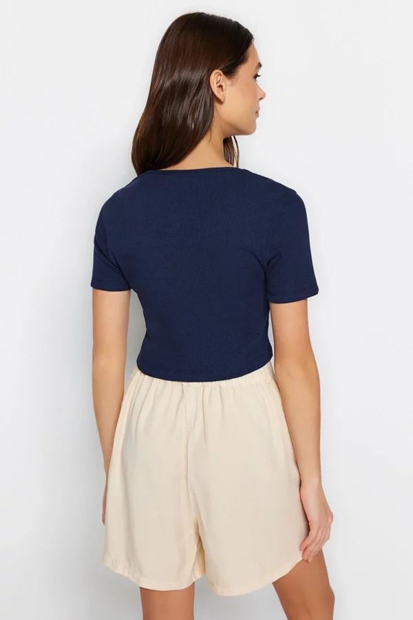Ethio Shop Navy Blue Embroidered Square Neck Fitted Flexible Crop Knitted Blouse.