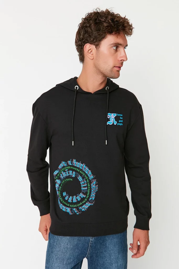 Black Men's Regular/Normal Cut Hooded Printed Sweatshirt