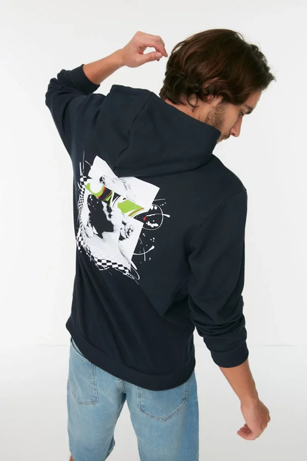 Navy Blue Men's Regular/Normal Cut Artistic Printed Hooded Cotton Sweatshirt