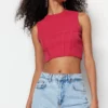 Ethio.Shop Fuchsia Corset Look Fitted Crop Ribbed Stretchy Knitted Blouse
