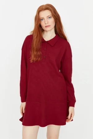 Ethio Shop Claret Red Shirt Collar Buttoned Textured Knitted Dress