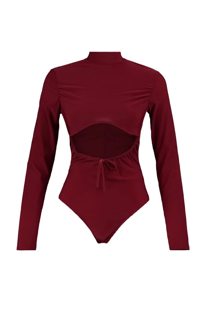 |Ethio Shop Claret Red Cut-Out Detailed High Collar Body