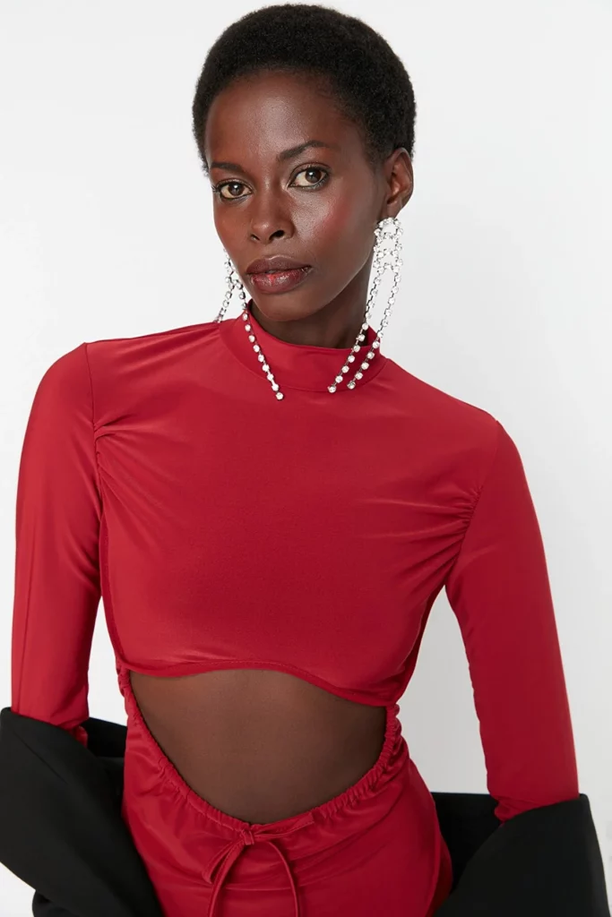 Ethio Shop Claret Red Cut-Out Detailed High Collar Body