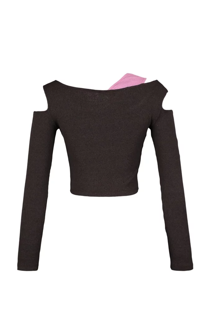 Ethio Shop Brown Cut Out and Color Block Detailed Fitted Flexible Knitted Blouse