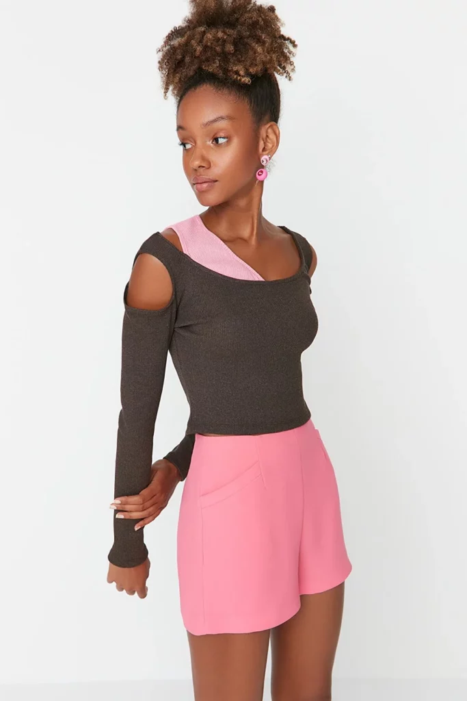 Ethio Shop Brown Cut Out and Color Block Detailed Fitted Flexible Knitted Blouse