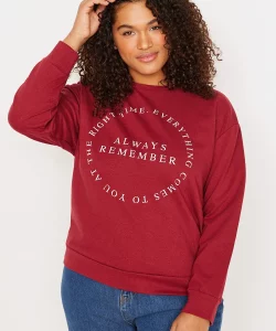 Ethio Shop Curve Claret Red Crew Neck Printed Knitted Thin Sweatshirt